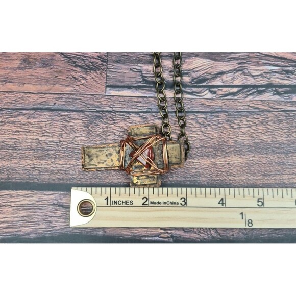 Handmade Copper Wire Wrapped Cross Necklace Red Gemstone Signed 26" Toggle Clasp - Picture 8 of 8
